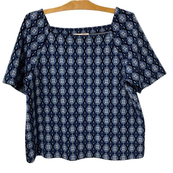 Ann Taylor LOFT | Top Short Sleeve Square Neck Navy Diamond Jacquard- Size Large - Picture 1 of 7